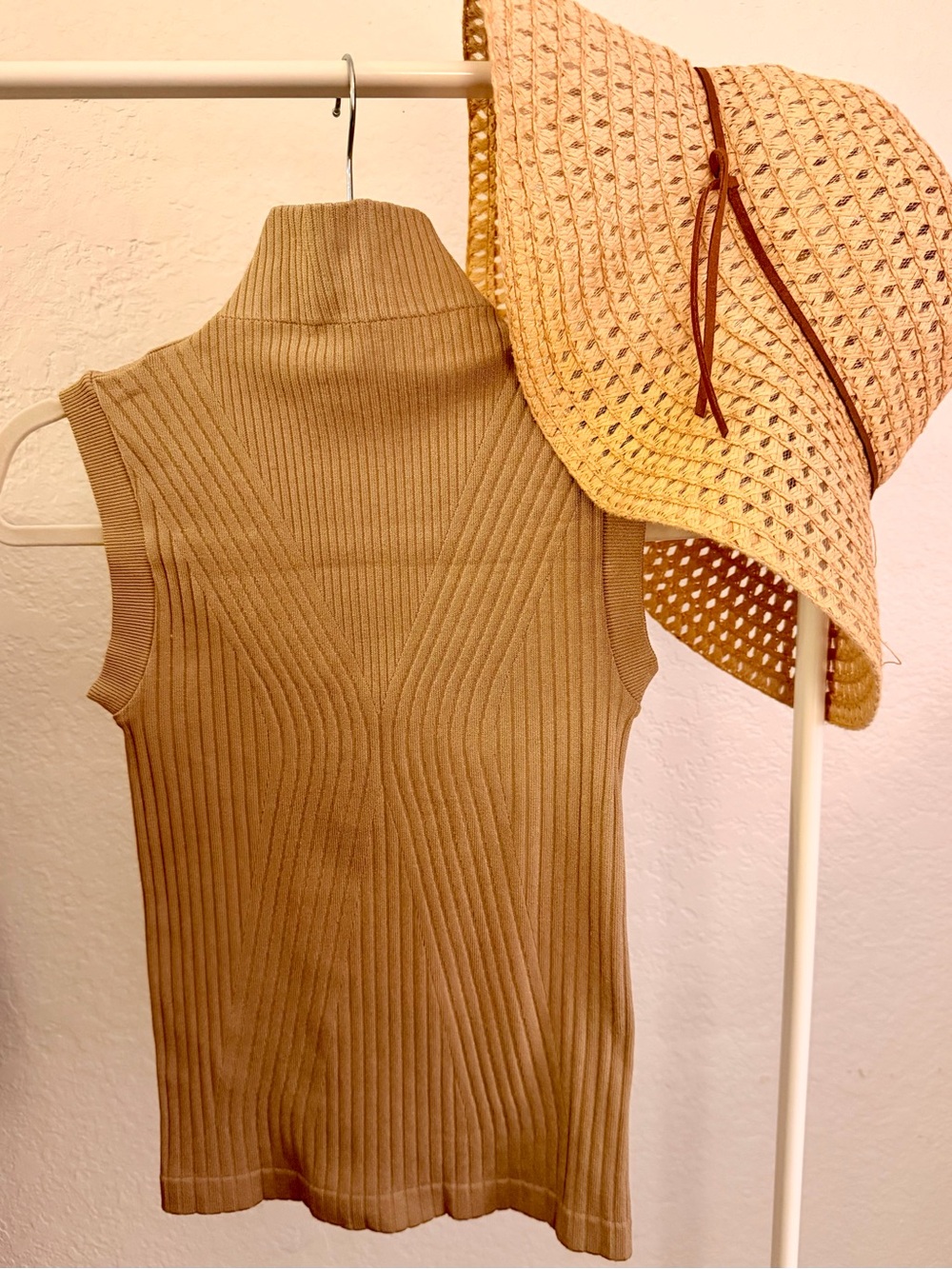 Sleeveless Ribbed Turtleneck Top - soft neutral brown